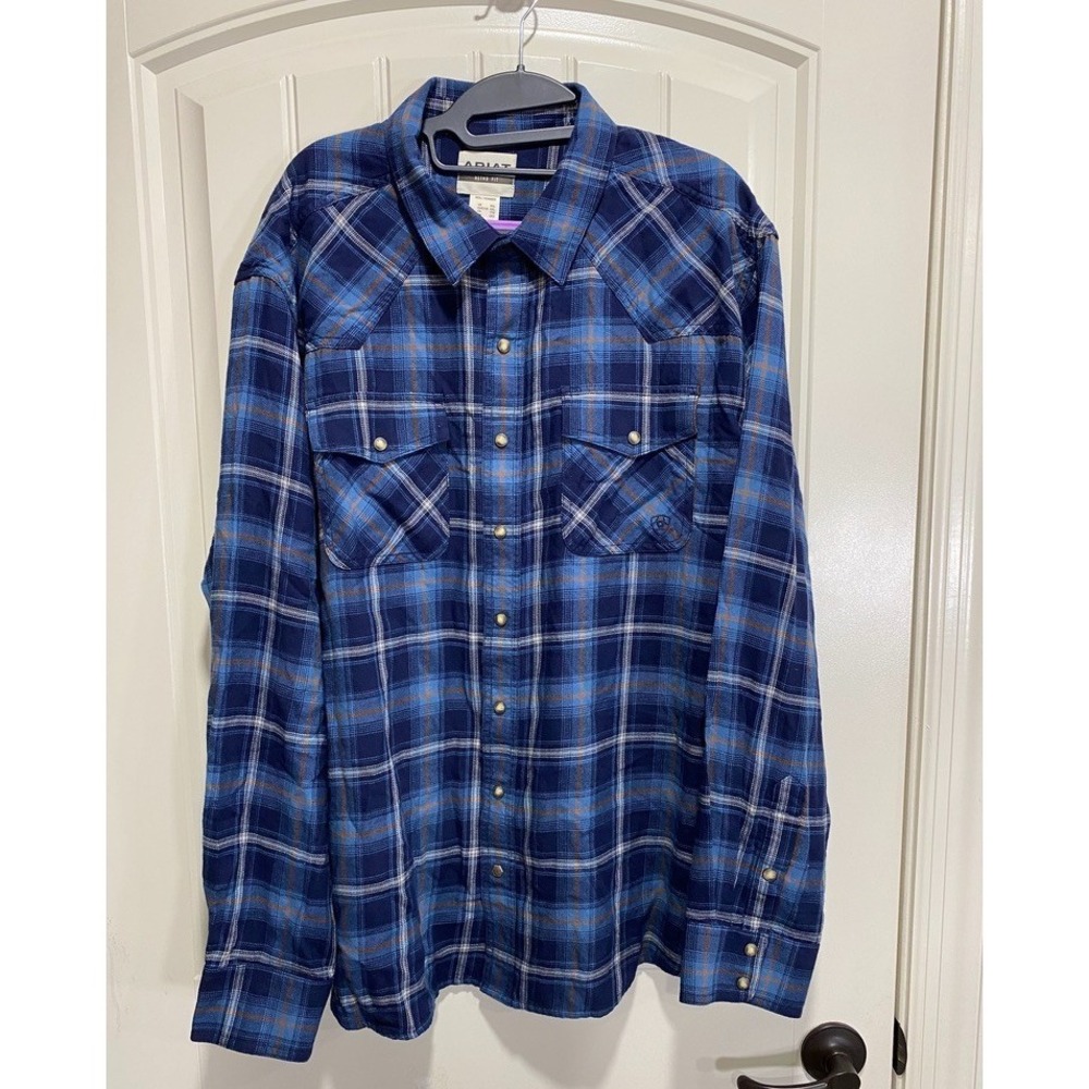 ARIAT Hugo Retro Fit Shirt Mens 2XL Blue Pearl Snap‎ Button Up Western NWT